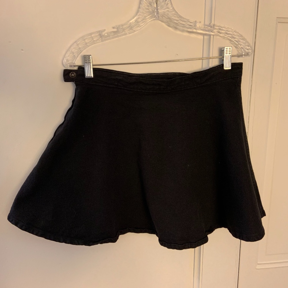 Black flared denim mini skirt